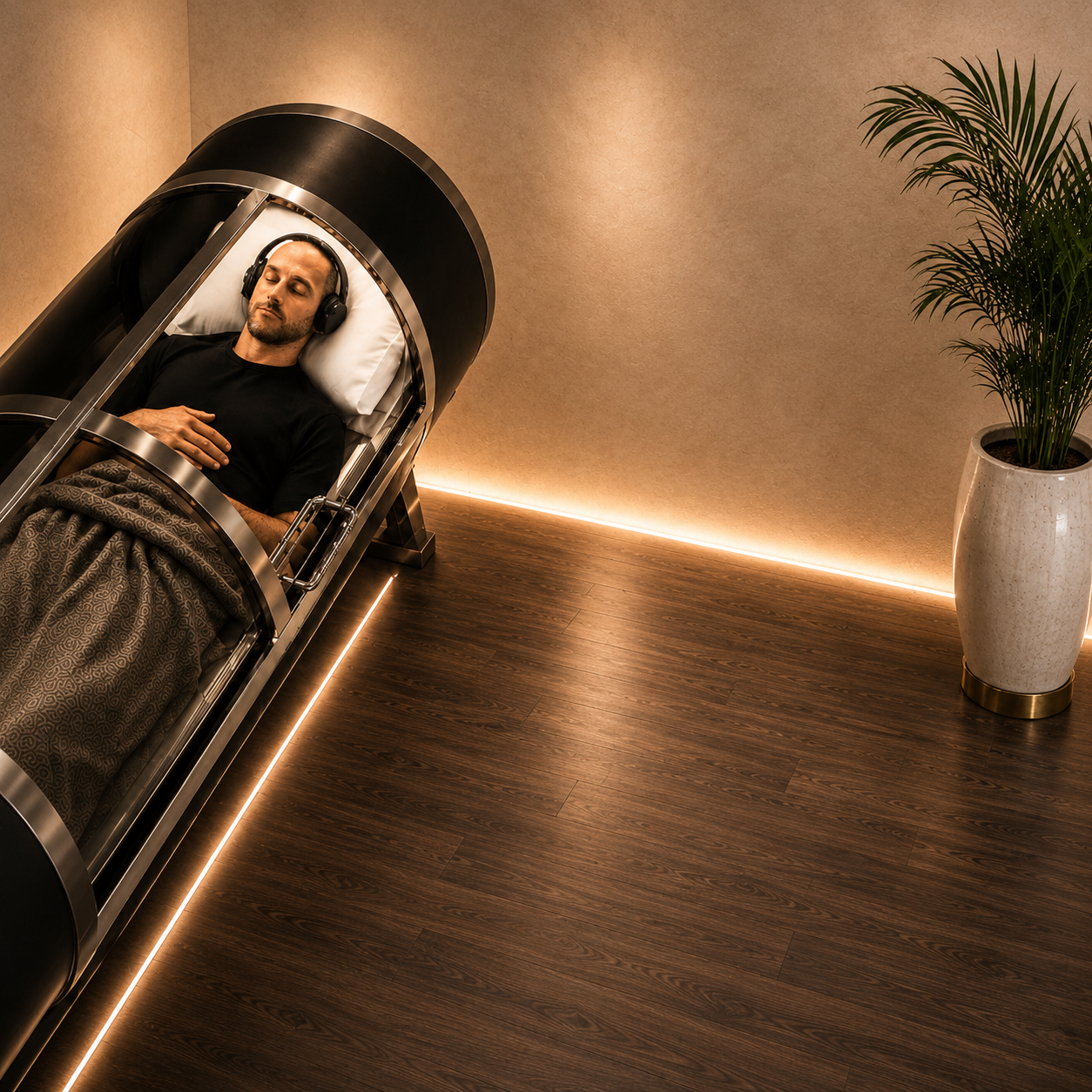 Le Chalet Clinic Hyperbaric Oxygen Therapy chamber, warm interior light