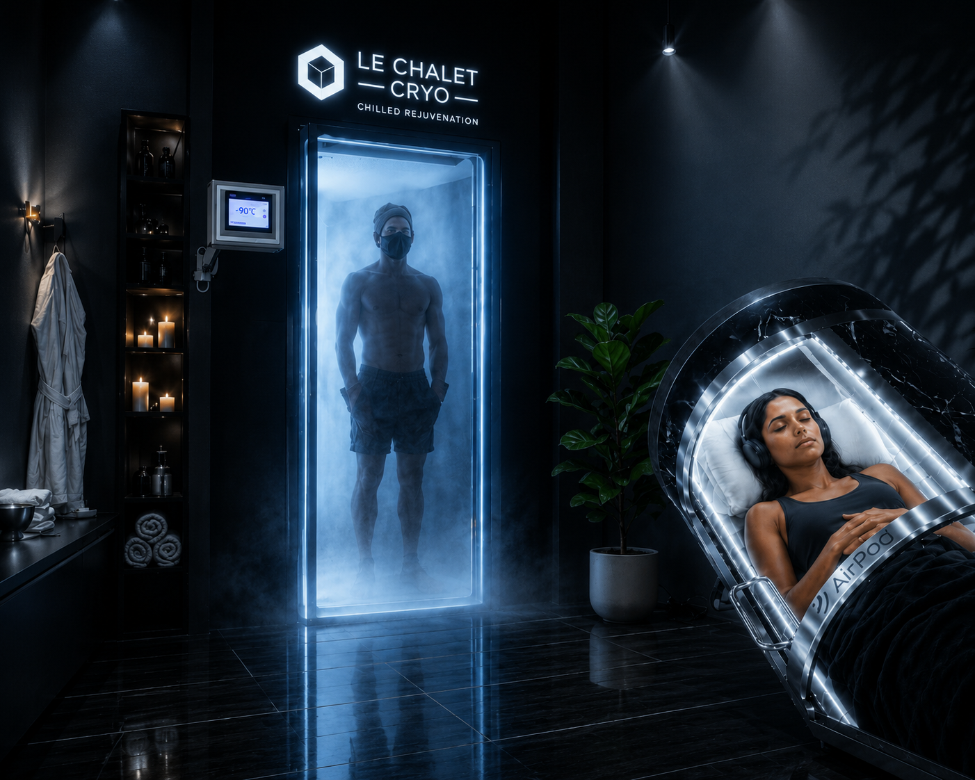 Le Chalet Clinic — cinematic photograph of the cryotherapy chamber.